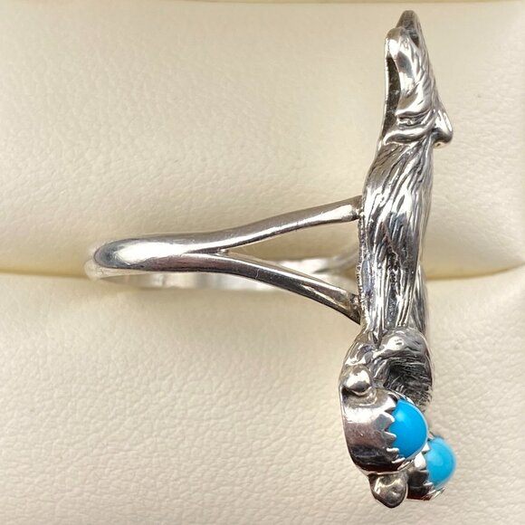 RARE Vtg Running Bear Trading Gallop Turquoise Sterling Silver Wolf Ring Sz 9.5 - Picture 12 of 16
